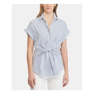 Lauren Ralph Lauren Blue Striped Cotton Tie Front Blouse. Women’s size medium